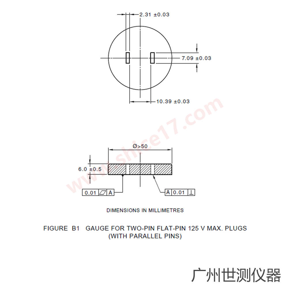 AS/NZS3112 图B1 125V两平行扁平插销插头量规尺寸图纸