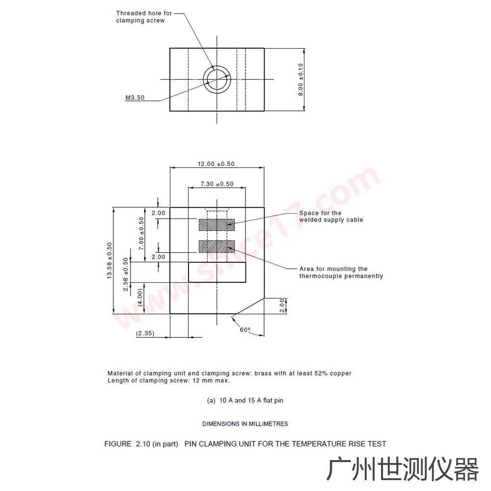AS/NZS3112 图2.10 插头温升试验夹紧元件 10A 15A 扁插销尺寸图纸