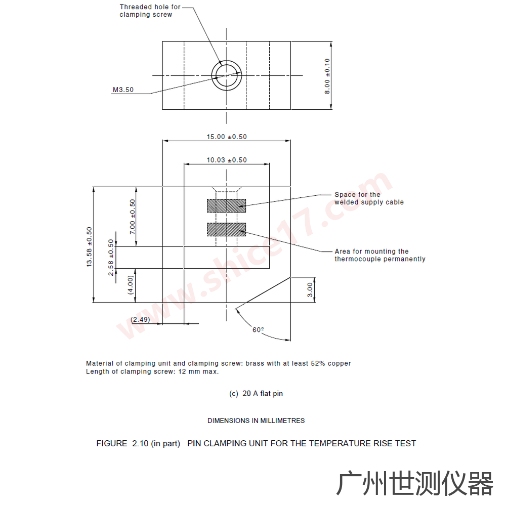 AS/NZS3112 图2.10 插头温升试验夹紧元件 20A 扁插销尺寸图纸