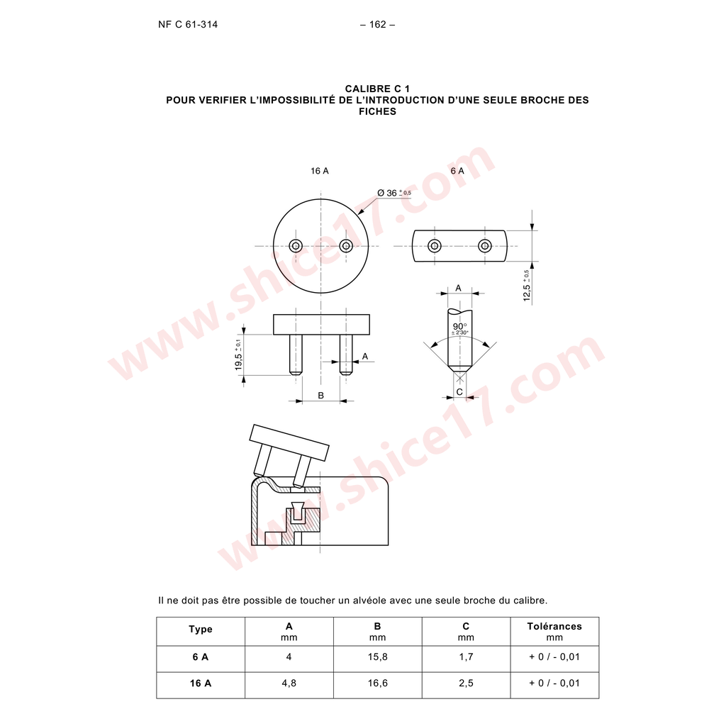 NF C61-314 CALIBRE C1 标准图纸 6A 16A 单极插入不可能性试验量规